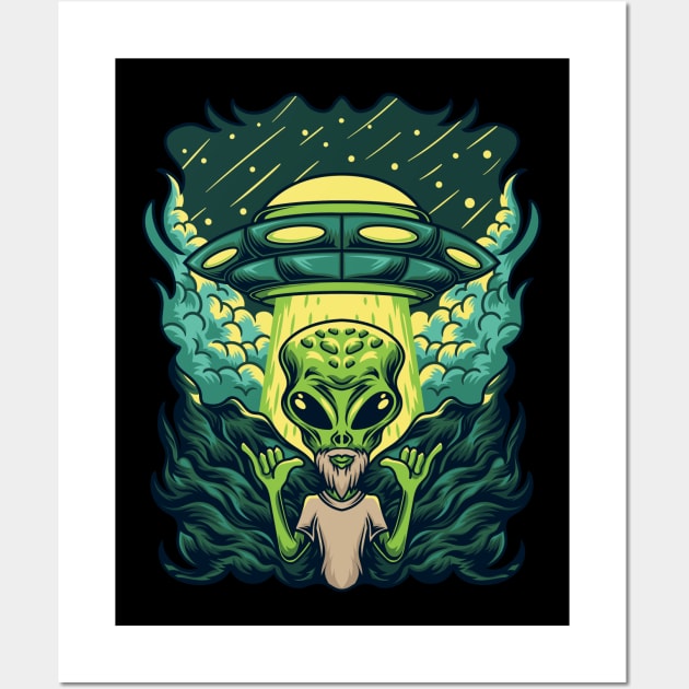 Bearded Hipster Surf Alien | Shaka Hang Loose Gesture UFO Wall Art by JakesRWild